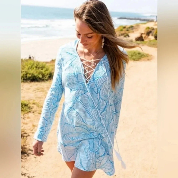 Charlie Holiday Coco Lace-Up Hoodie Swim Cover-Up Size XL USA‎ 10 Blue White - Picture 1 of 10